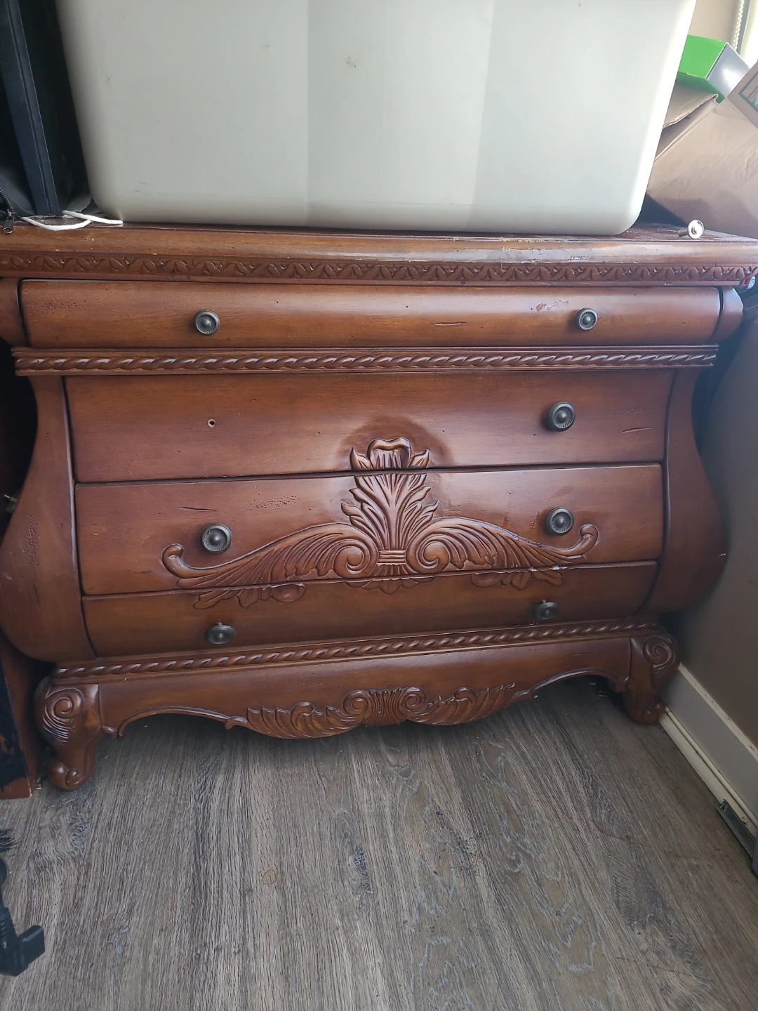 Ornate Bombay Carved Wood 3-Drawer Nightstand