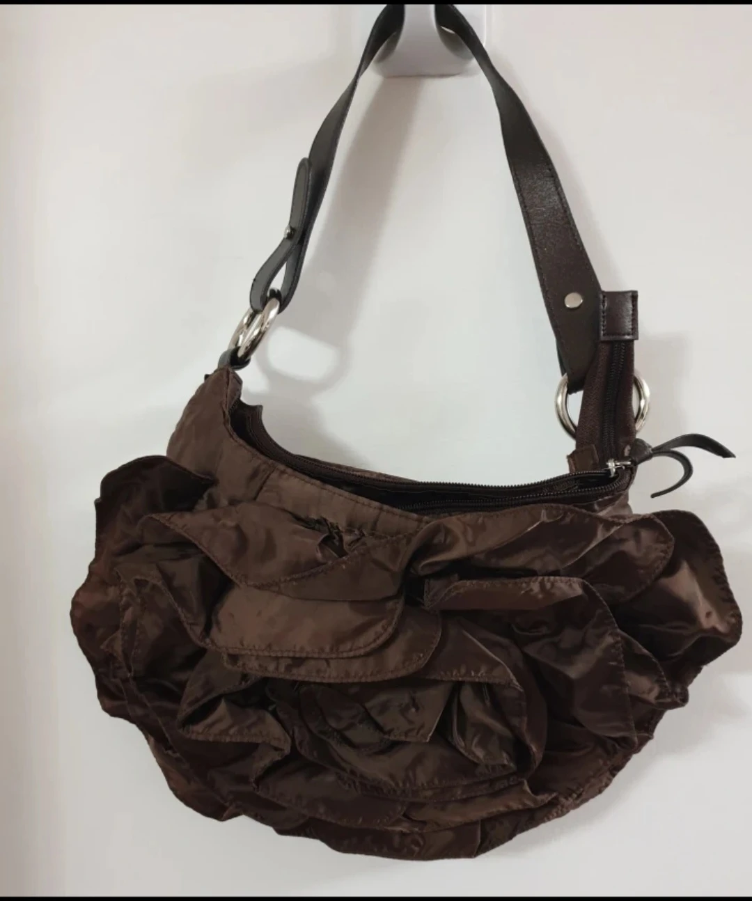 Brown Nylon Shoulder Bag with Ruffle Detail