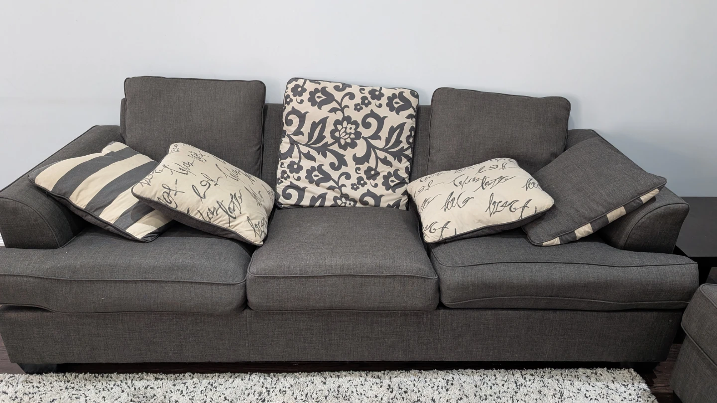 3-Seater and 2-Seater Grey Fabric Sofa with Decorative Pillows