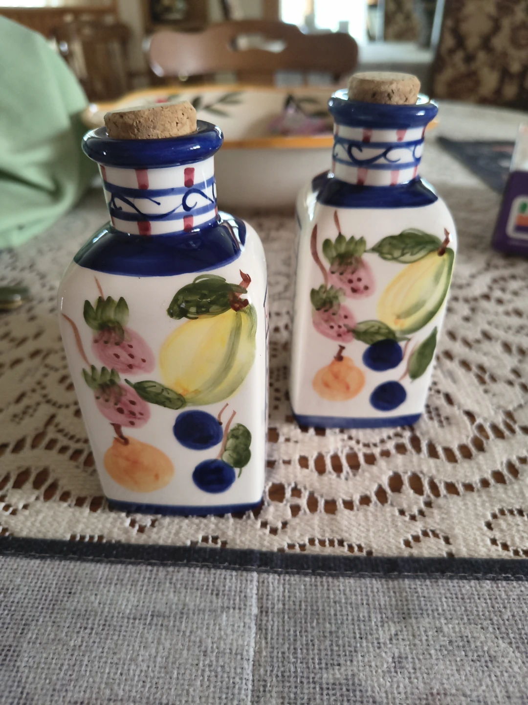 Ceramic fruit pattern oil and vinegar bottles with corks - photo 2