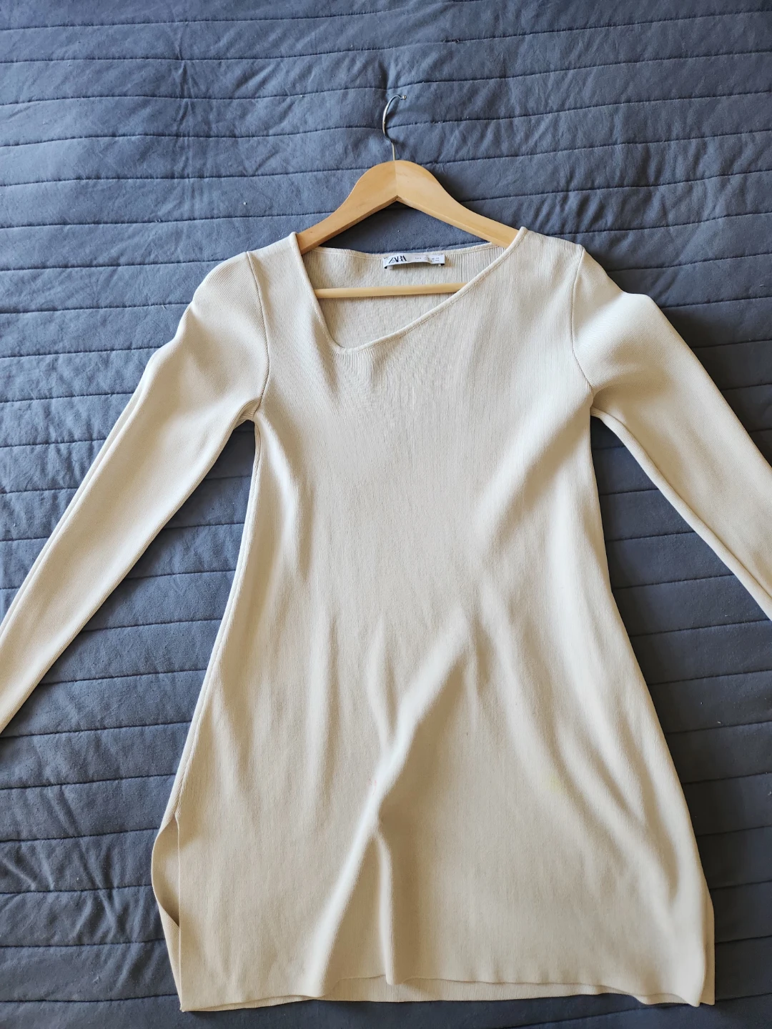 Cream Ribbed Long-Sleeve Dress