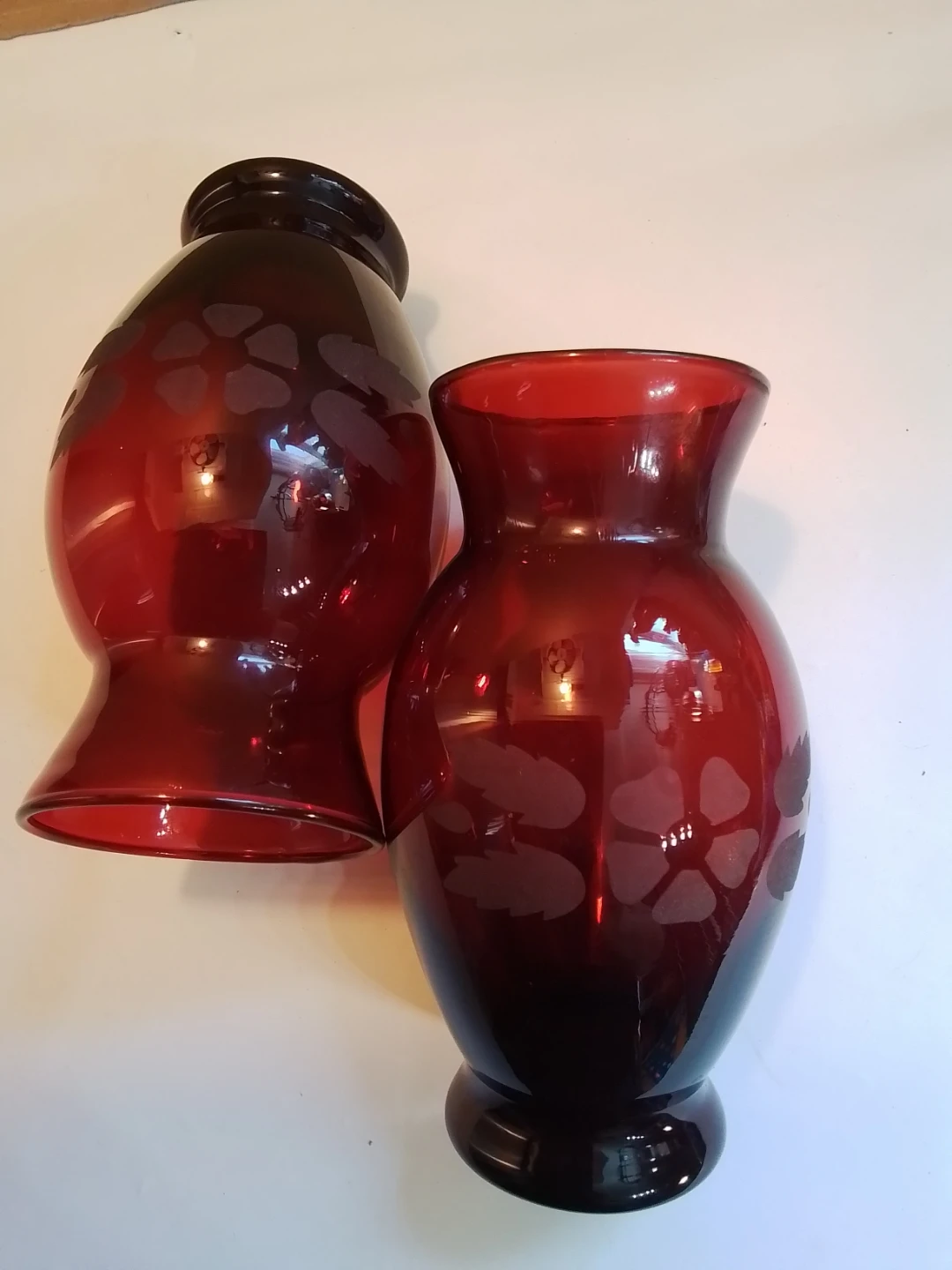 Vintage Anchor Hocking Royal Ruby Red Etched Floral Glass Vases - photo 3