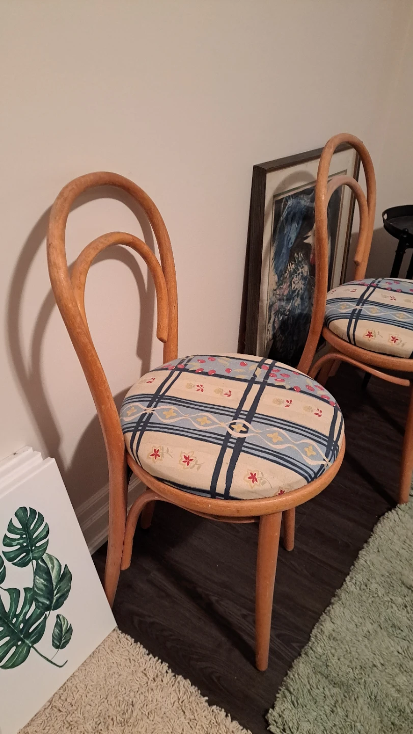 3 Wooden Cafe Chairs with Plaid Upholstery