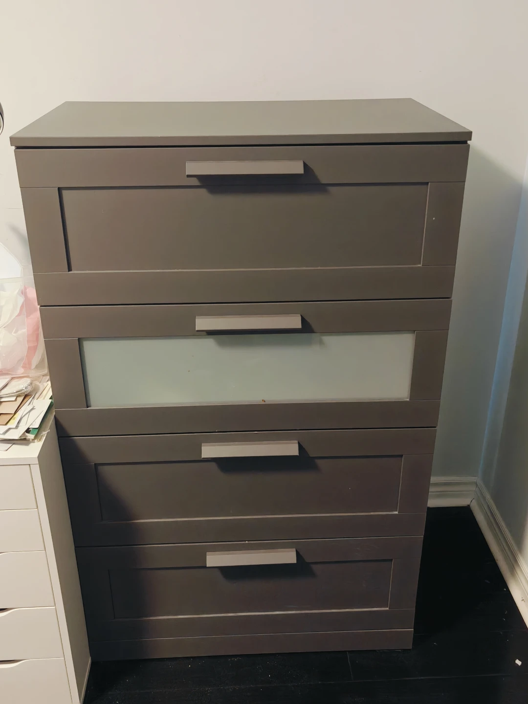 IKEA BRIMNES 4-drawer dresser, gray/frosted glass