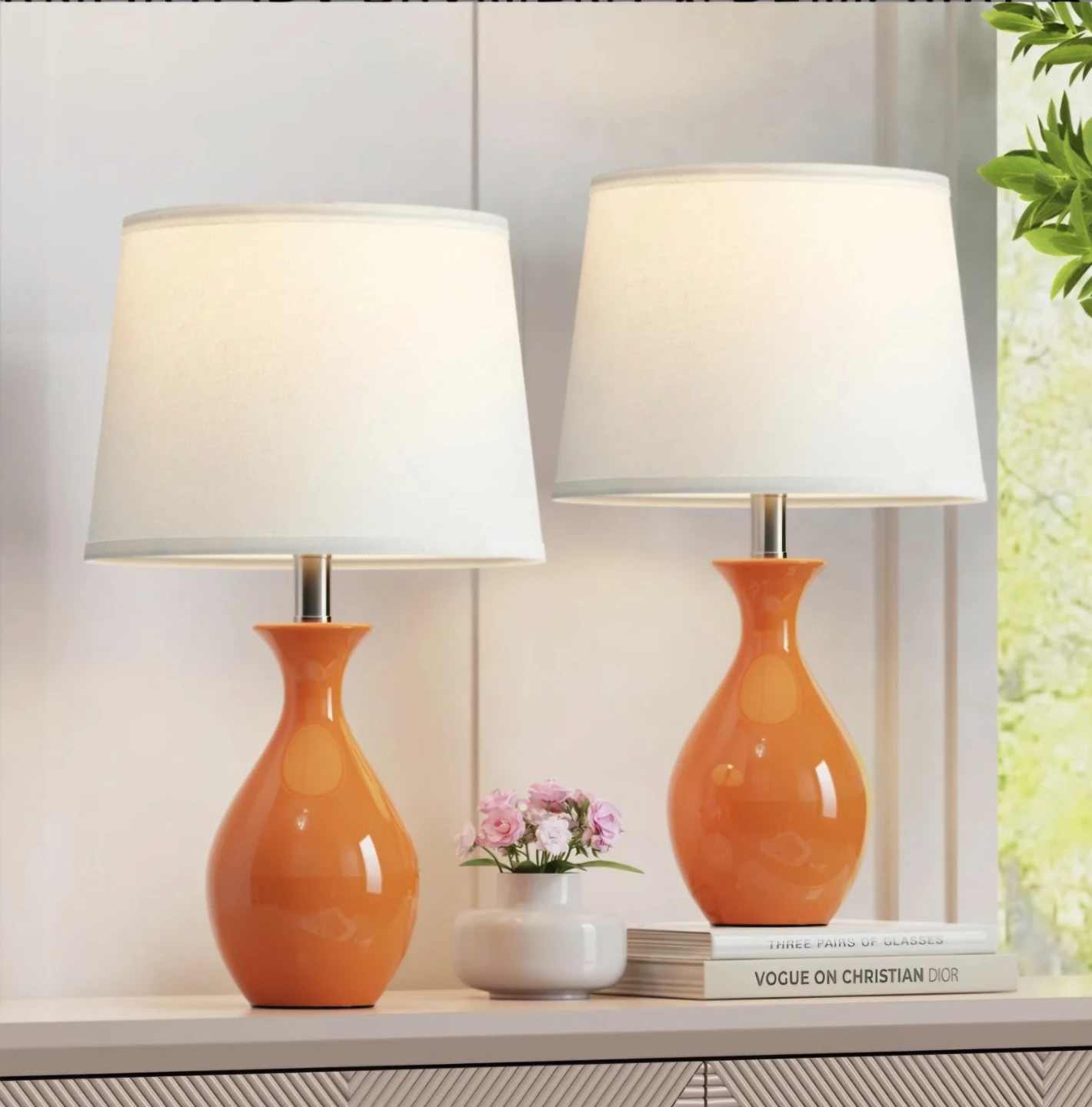 Orange Ceramic Table Lamp with LED Bulbs