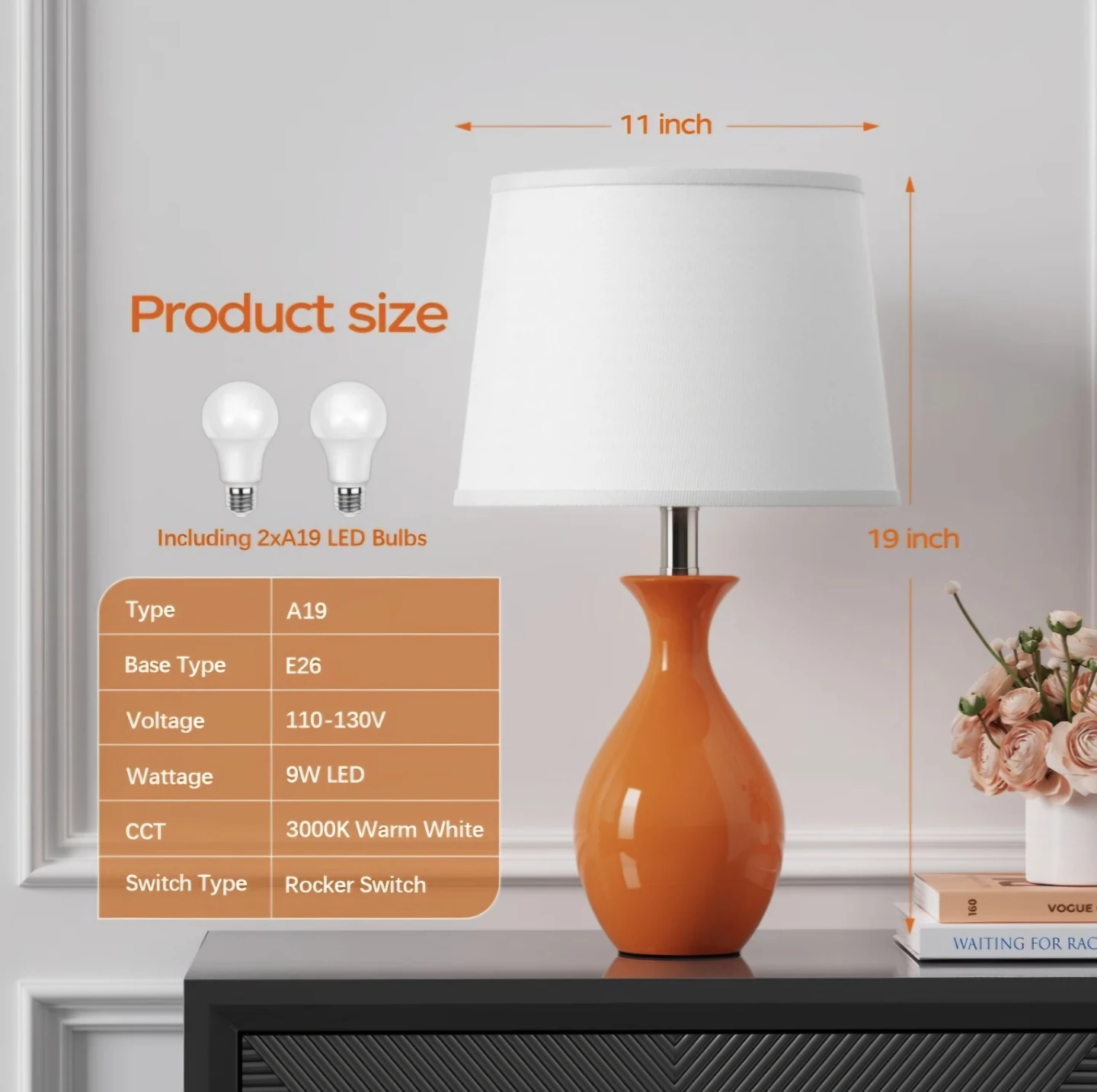 Orange Ceramic Table Lamp with LED Bulbs - photo 2