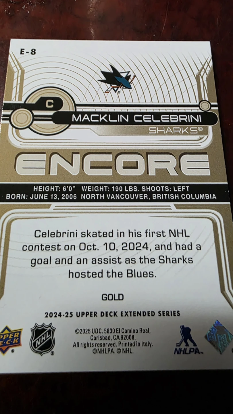Macklin Celebrini 2024-25 Upper Deck Encore Gold Hockey Card - photo 2
