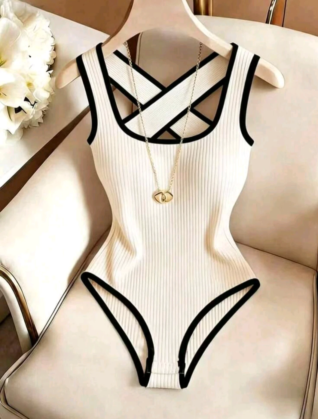 Women's Ribbed Bodysuit with Criss-Cross Straps