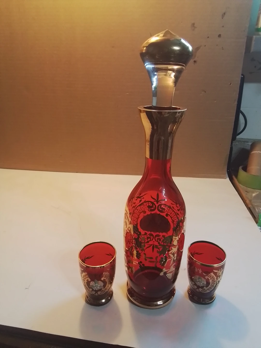 Vintage Mid-Century Bohemian Ruby Red Glass Decanter & 2 - photo 2