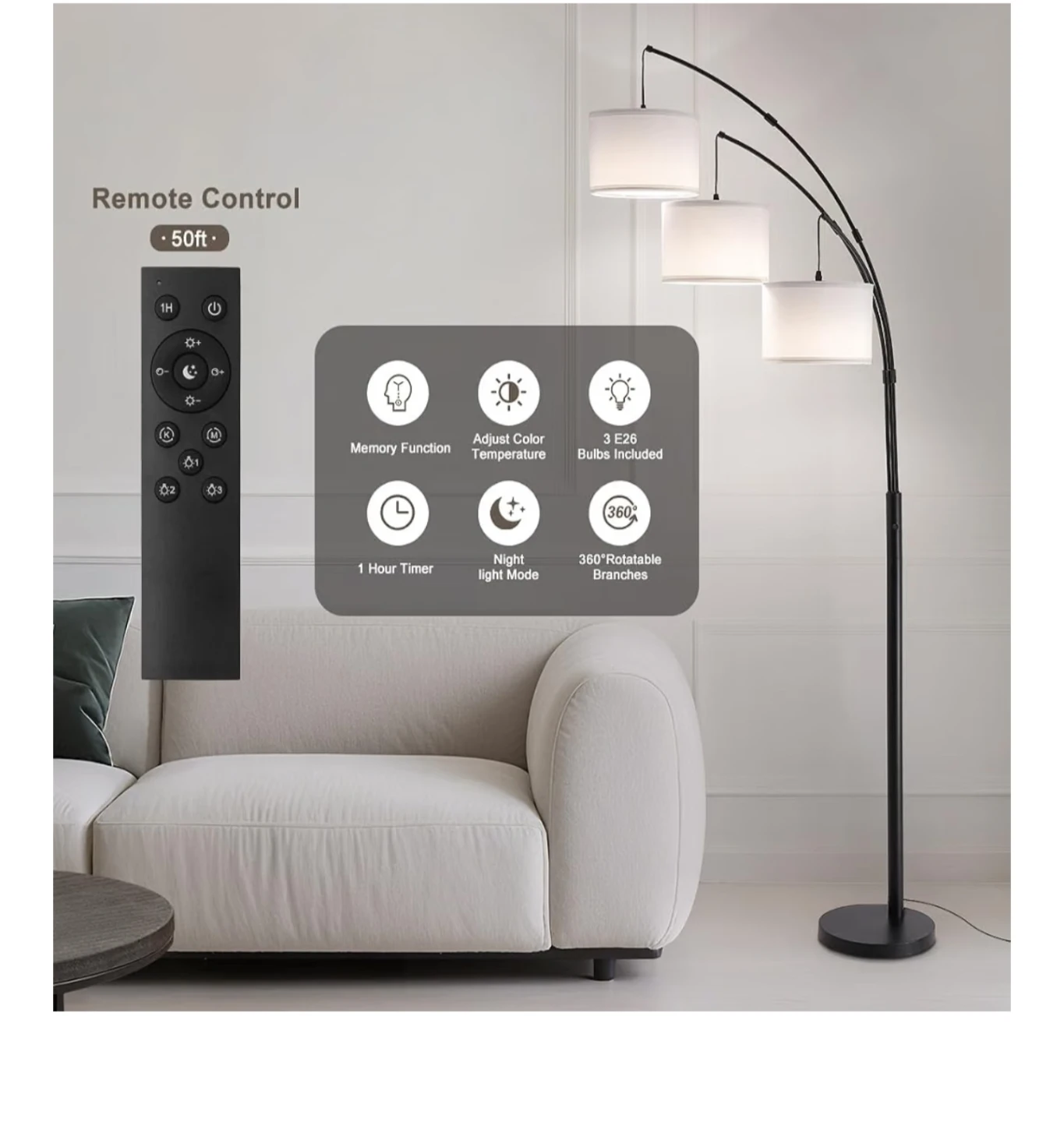 Dimmable 3 Lights Floor Lamp with Remote - photo 5