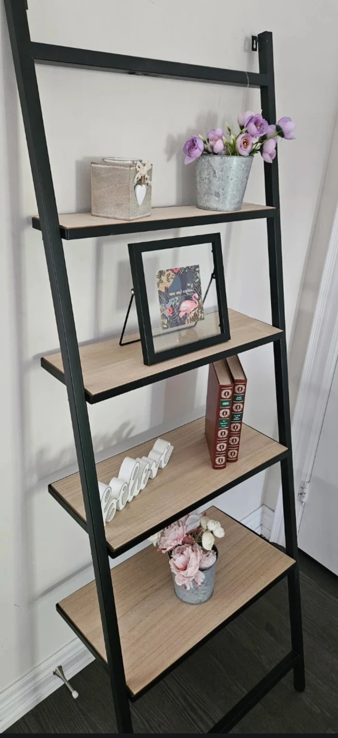 Ladder Bookshelf - Black Metal Frame with Wood Shelves - photo 3