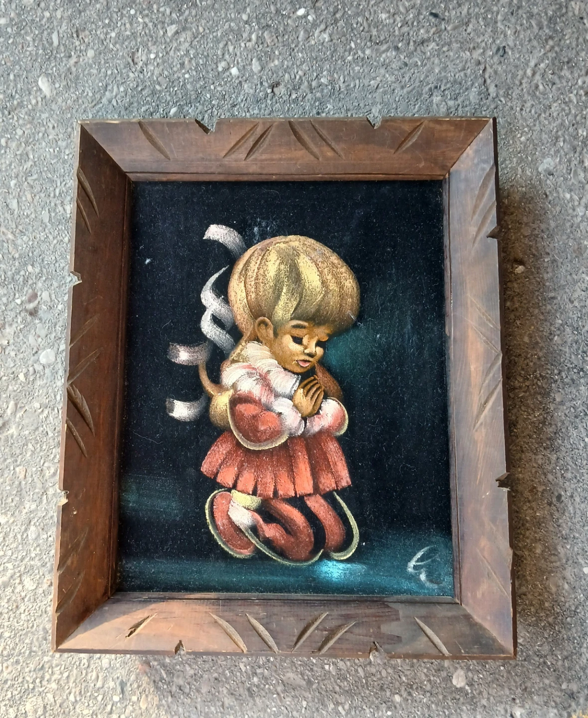 Framed Velvet Painting of a Praying Child