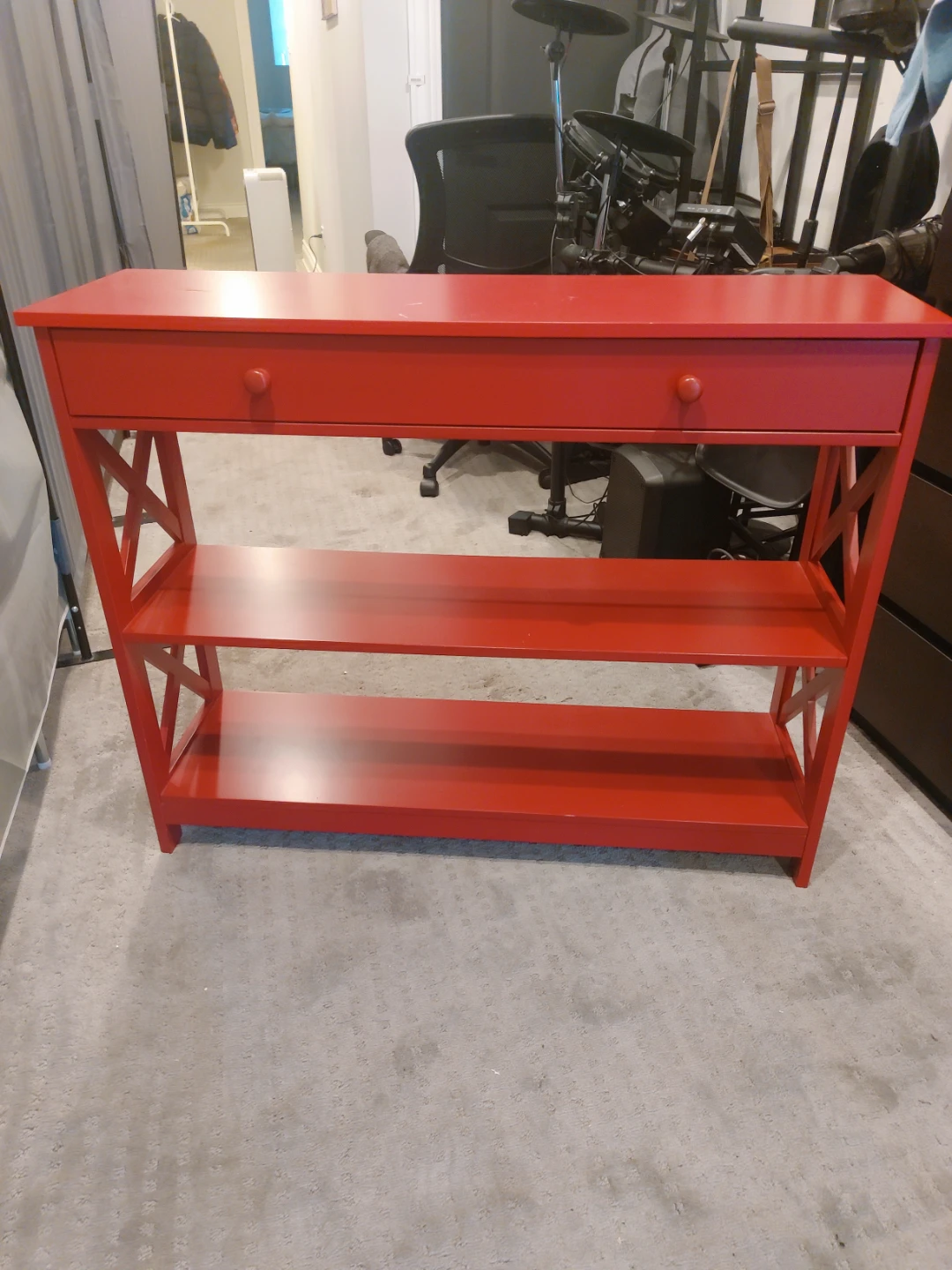 Red Console Table with Drawer and Shelves