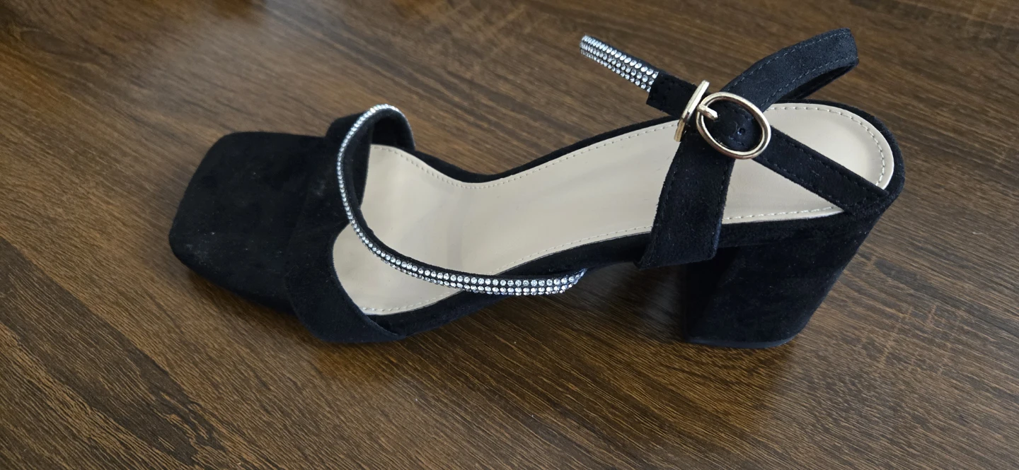 Black Suede Block Heels with Rhinestone Straps - photo 2