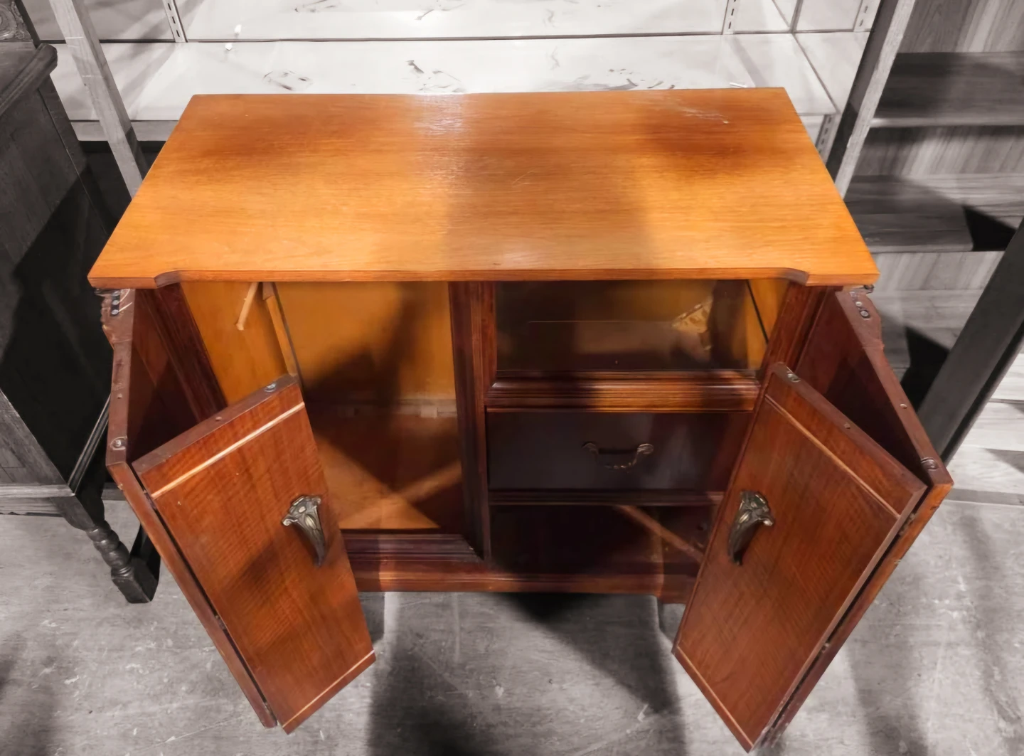 Antique Bi-Fold Solid Walnut Vinyl Record Cabinet