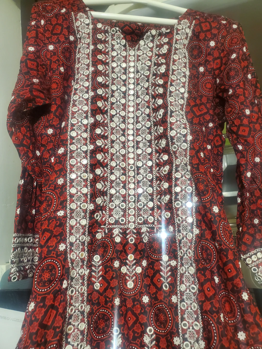 Embroidered Red Kurti with White Pants