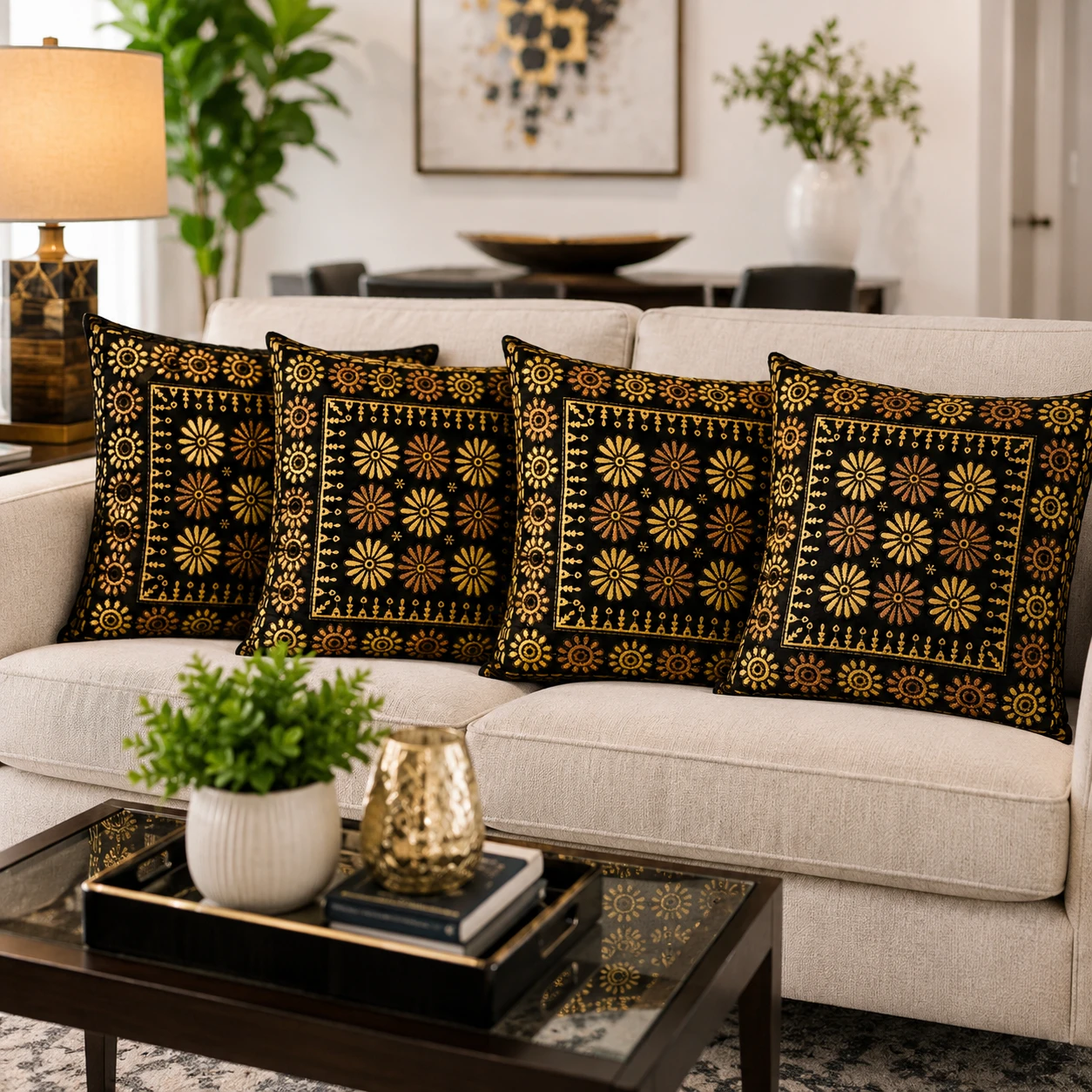 Set of 4 Black & Gold Floral Throw Pillow Covers - photo 2