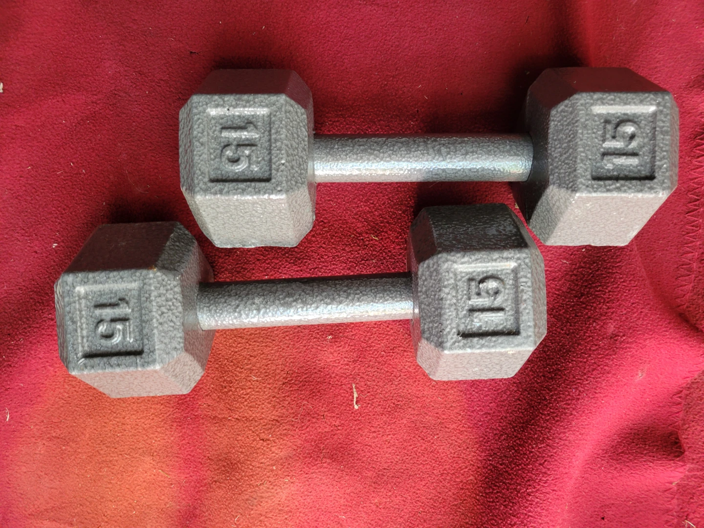 SETS OF 15LB  HEXHEAD DUMBBELLS TOTAL 30LBs