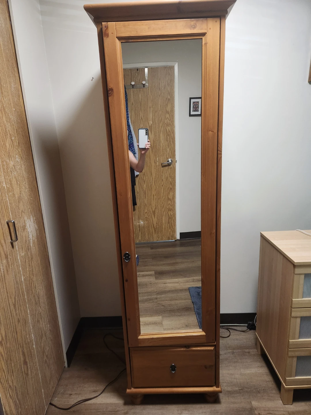 Wooden Wardrobe with Mirror and Drawer