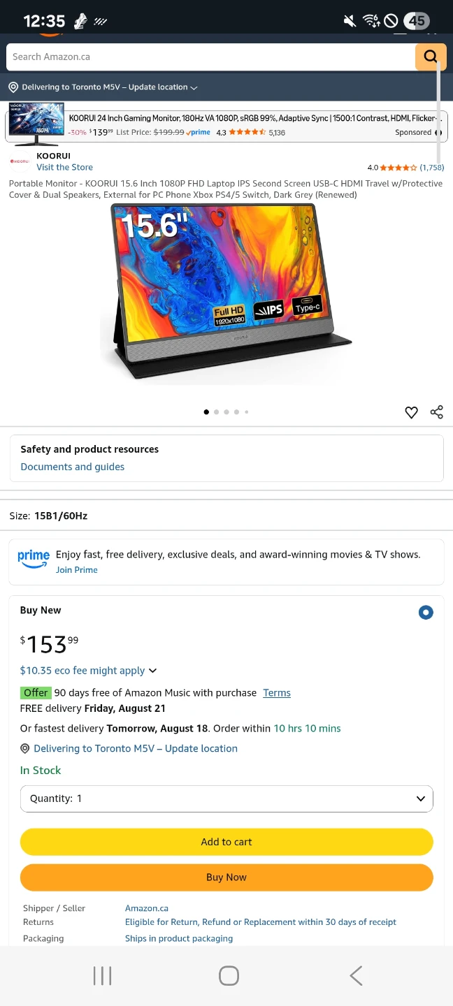 KOORUI 15.6 Inch Portable Monitor + cable
