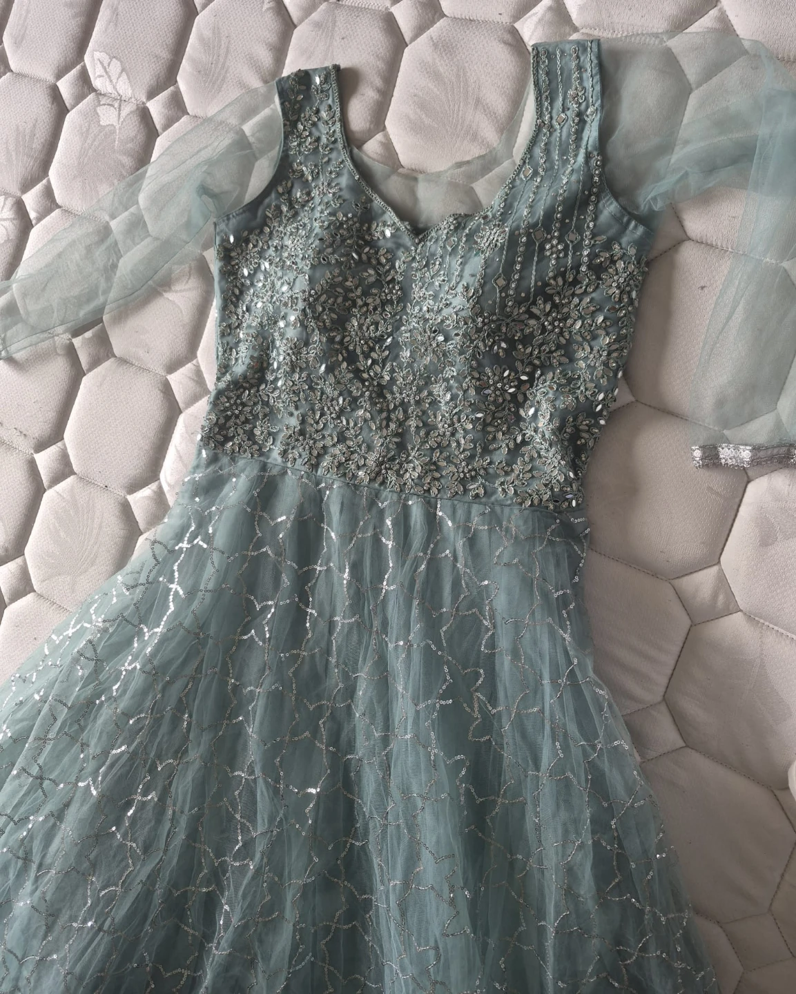 Light Blue Embellished Gown with Sheer Sleeves - photo 3