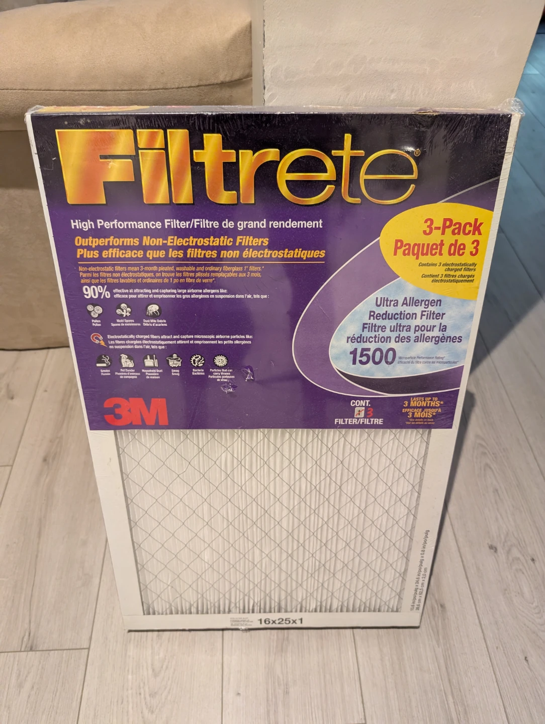 3-pack 3M Filtrete 1500 MPR Ultra Allergen Reduction 16x25x1