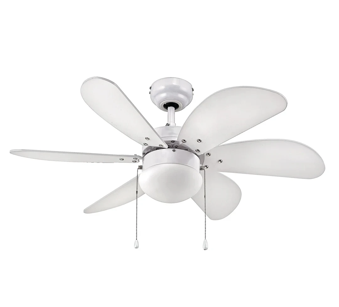 Reversible white 6-blade ceiling fan with light