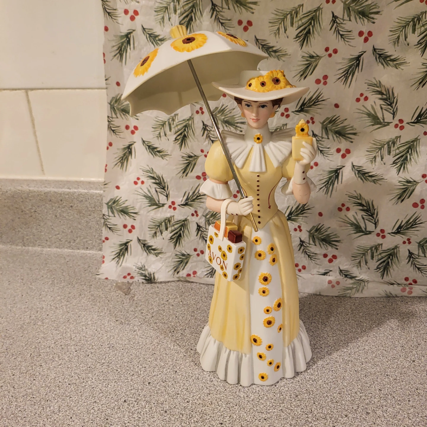 Avon Lady Figurine with Umbrella and Shopping Bag
