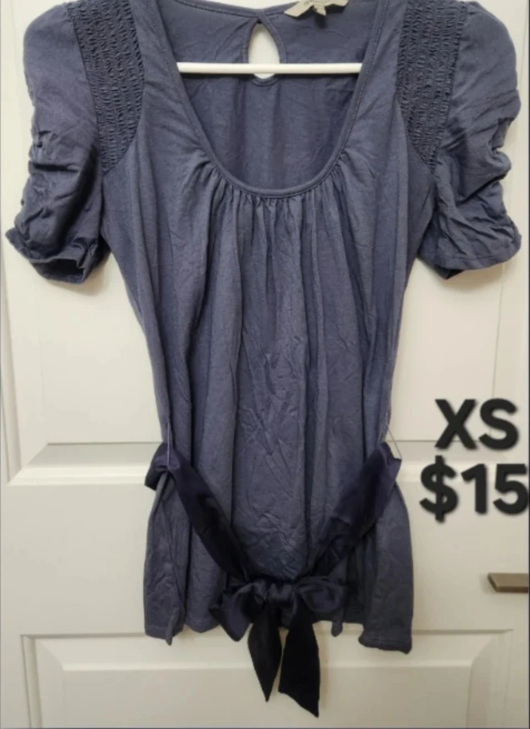 Dusty Blue Smocked Sleeve Top with Belt