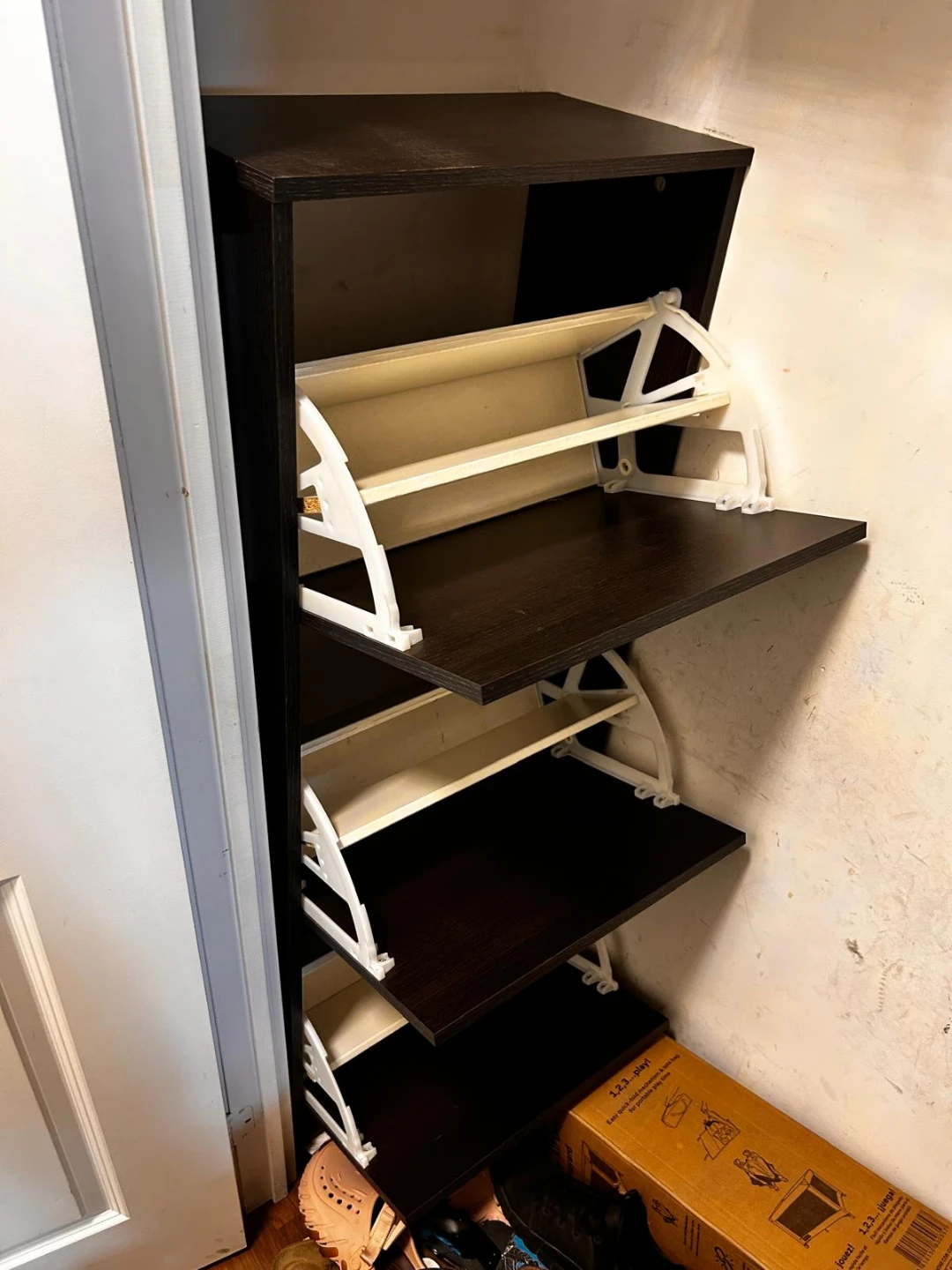 Dark Wood Shoe Rack with Flip Drawers