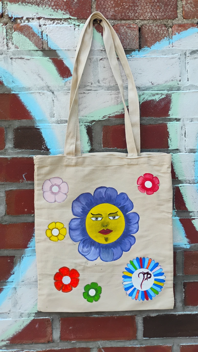 Hand-Painted Canvas Tote Bag with Floral Design