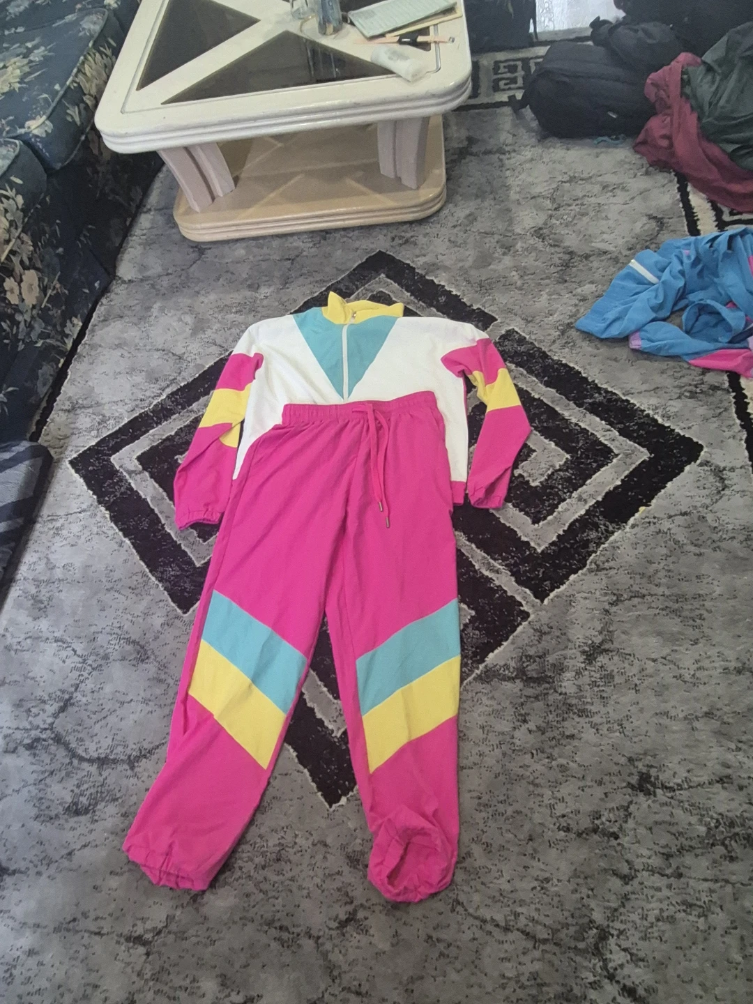 Vibrant pink white and yellow retro tracksuit set