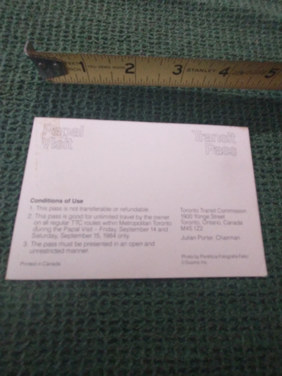 Nice 1984 TTC Papal Visit Transit Pass - photo 5