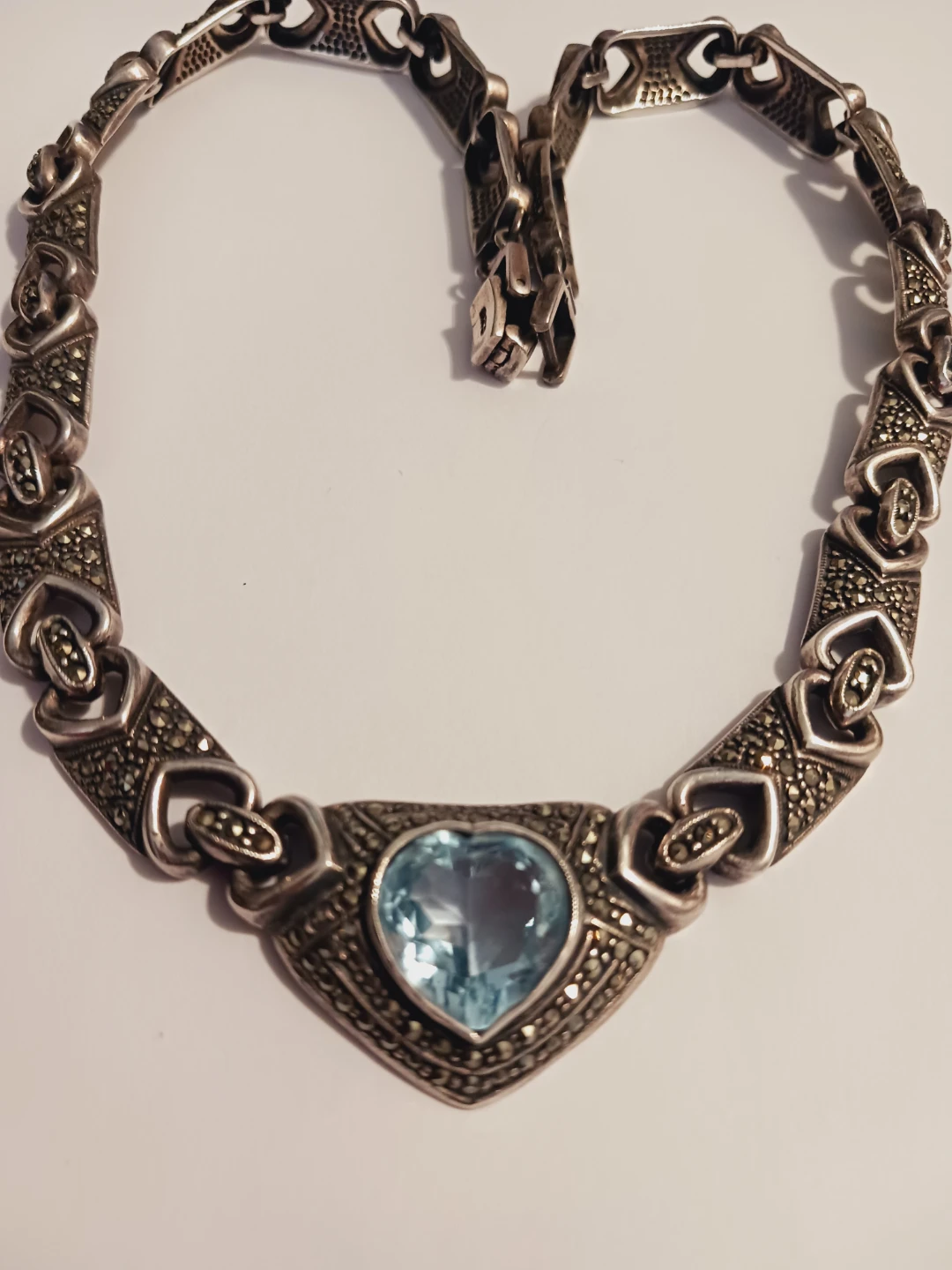 Vintage Artisan Sterling Silver Marcasite Blue Topaz Necklace