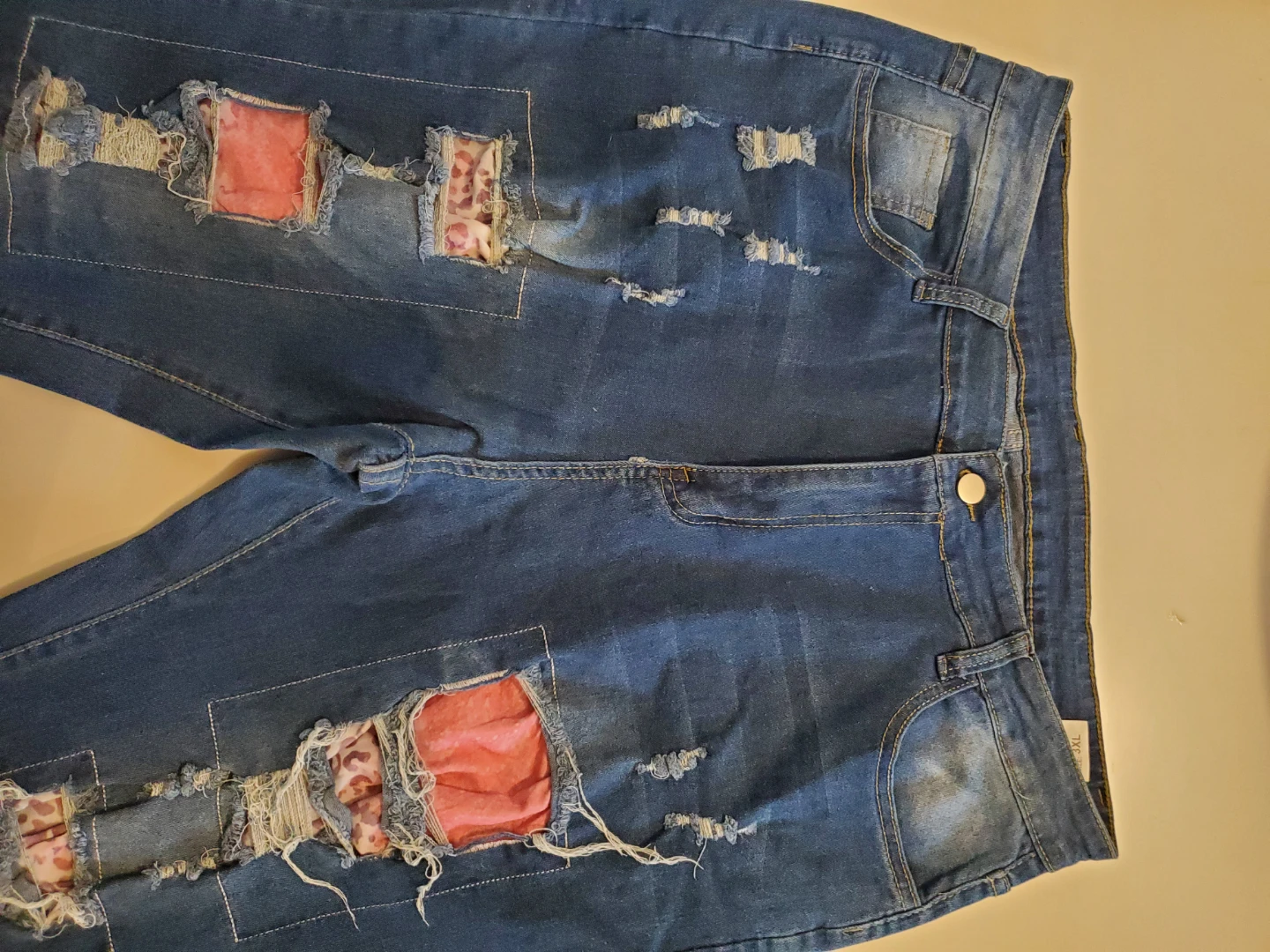 Plus Size Distressed Pink Patchwork Denim Cuffed Jeans