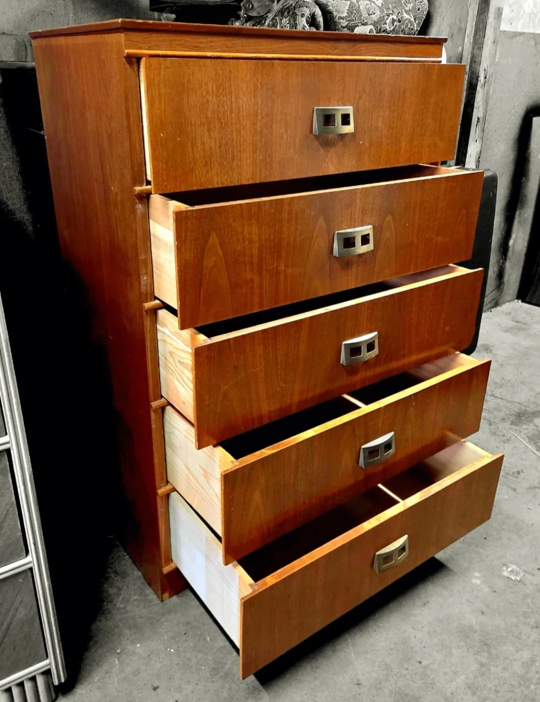 MCM Walnut 5 Drawer Tallboy Dresser With Brass Pull Handles - photo 3