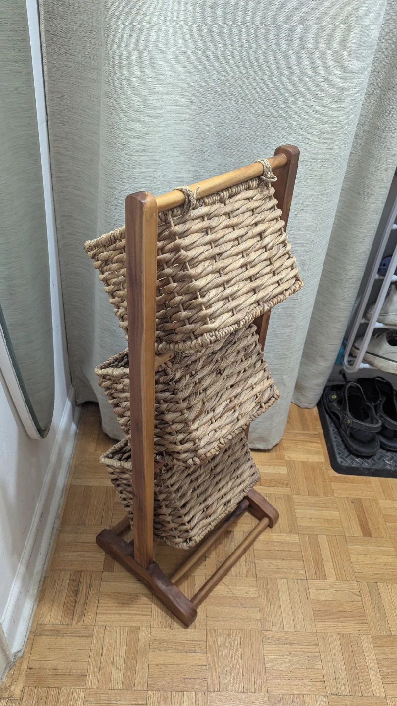 Rattan Bamboo Wood Wicker 3-Tier Floor Storage Basket Rack - photo 3