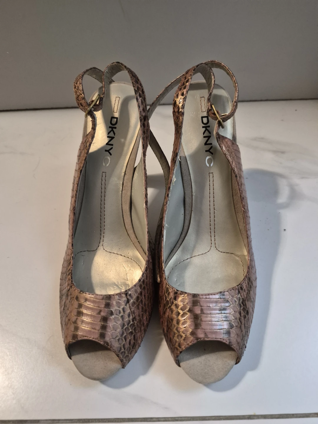 DKNYC Anastasia Snake Embossed Truffle Leather Heels - photo 4