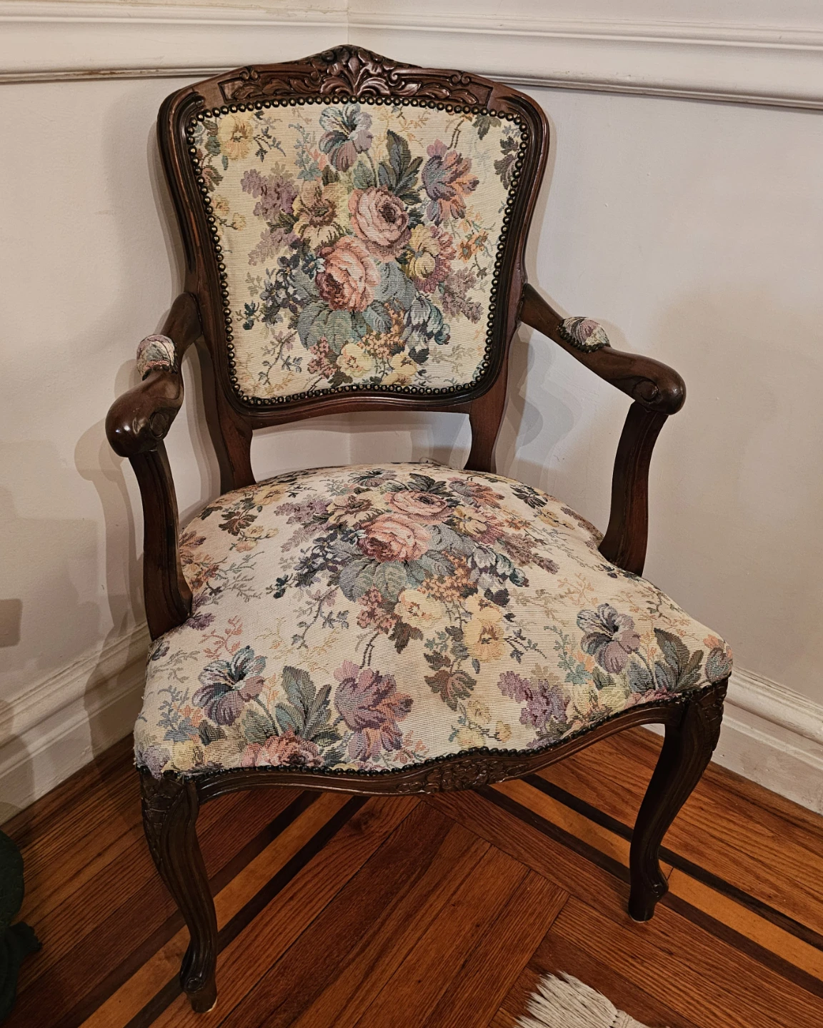 2 VINTAGE Walnut French Provincial Accent Tapestry Arm Chairs