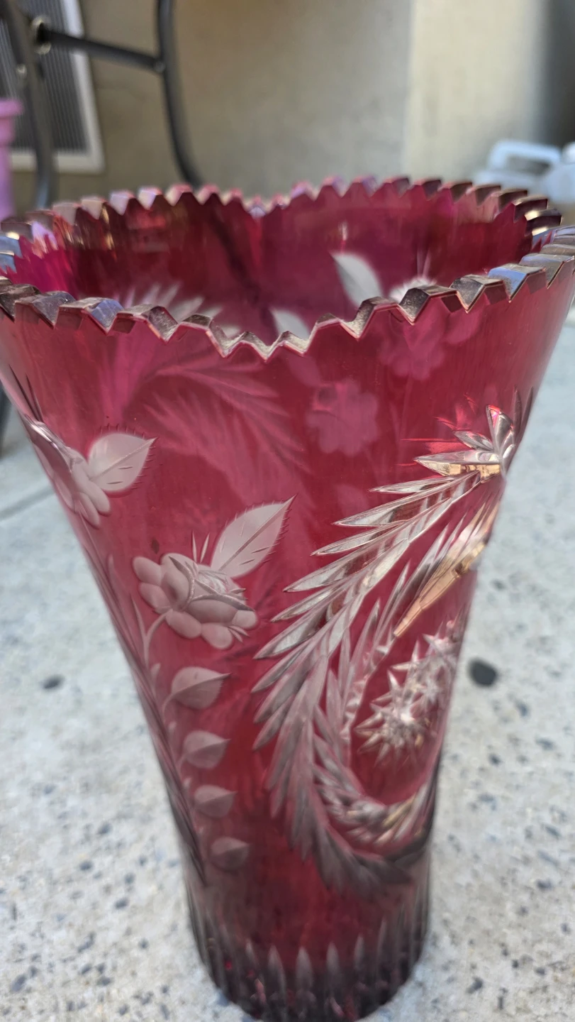 Antique Cranberry Glass Vase with Etched Floral Design