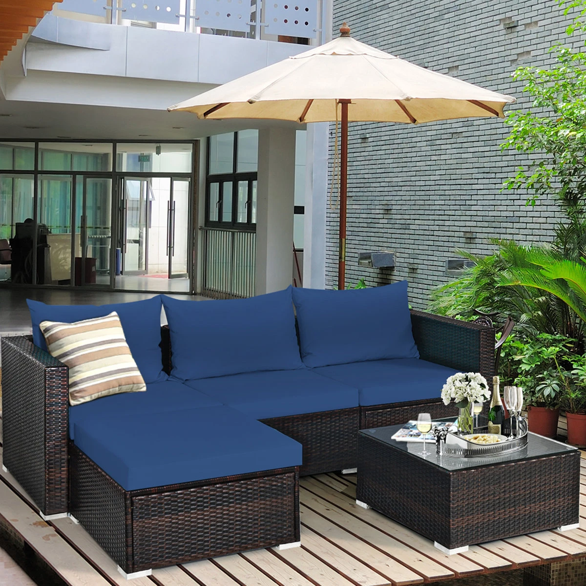 NEW In 2 Box Blue 5 Pc Sectional Sofa Couch Set