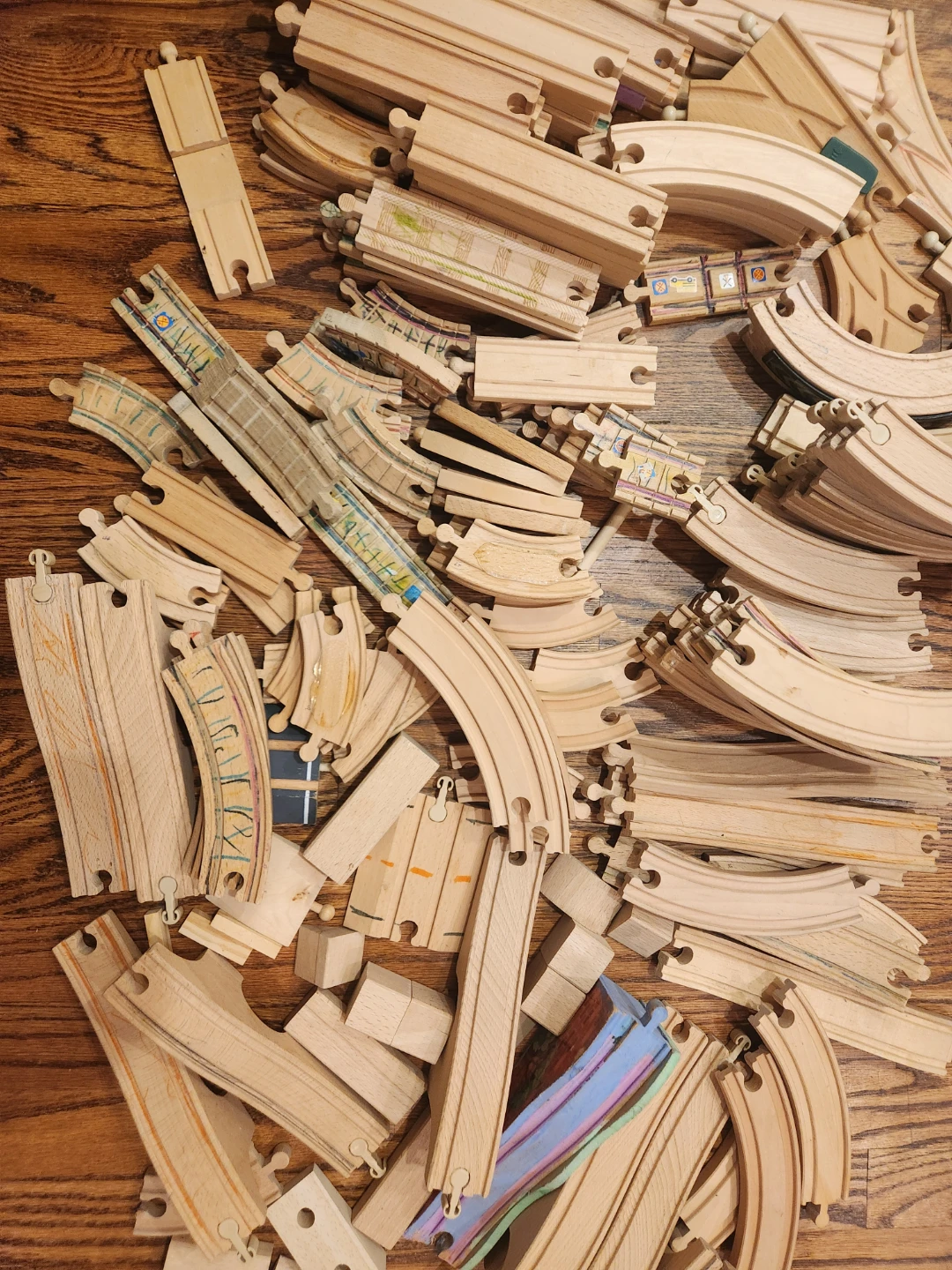 Wooden Train Cars and Track Pieces