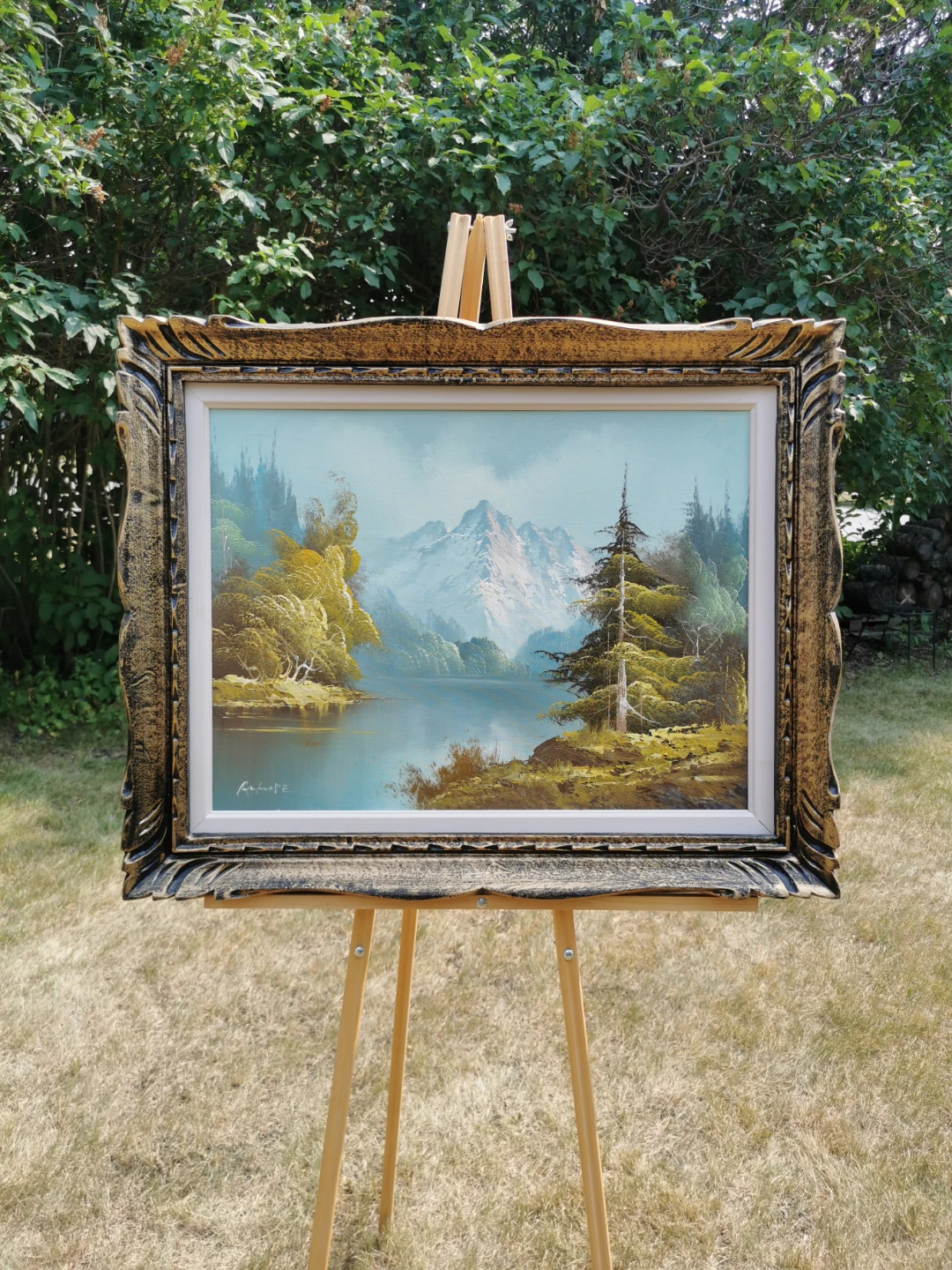 Vintage Signed Mountain Lake Oil Painting – Ornate Frame
