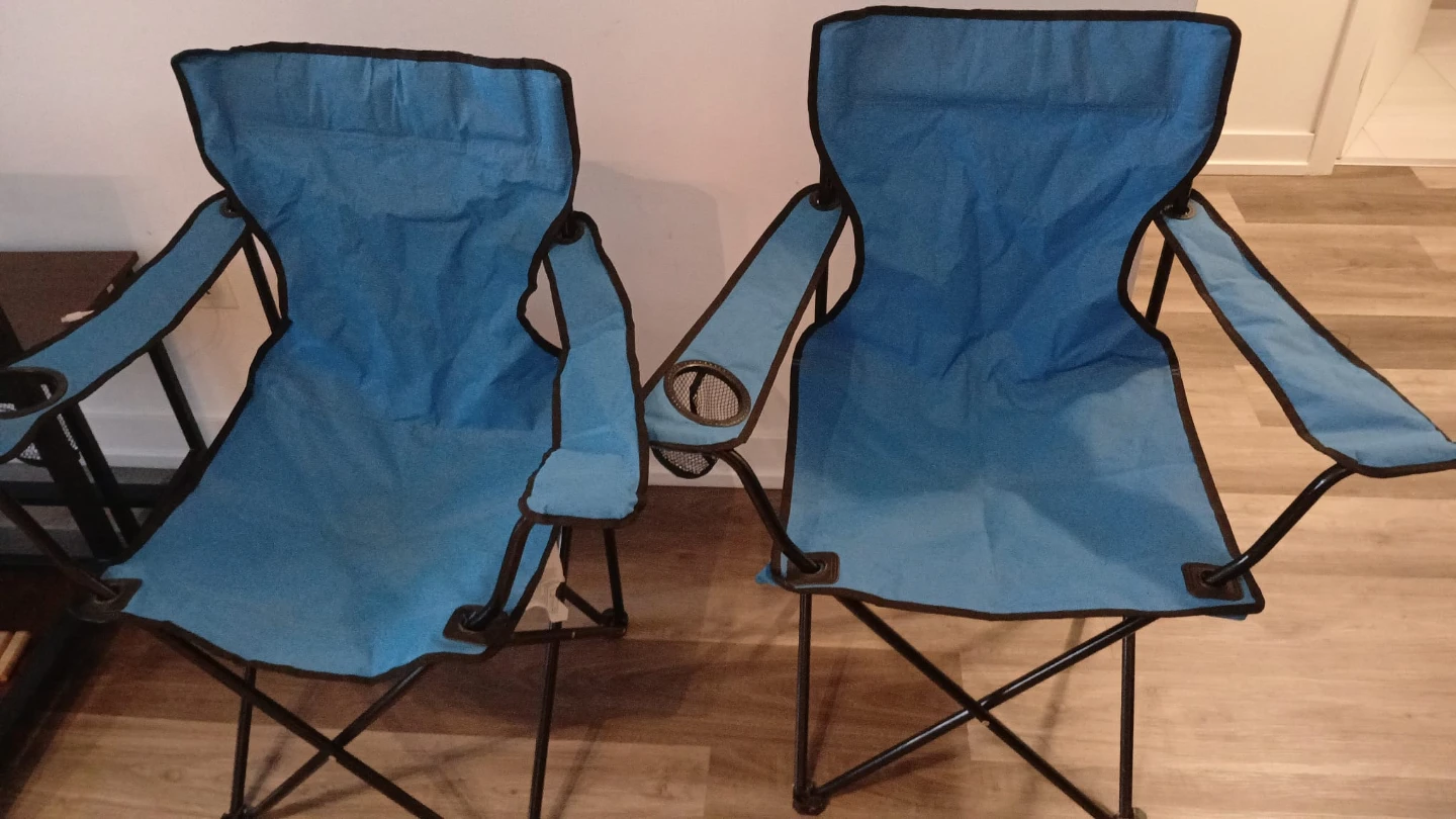 2 Blue Folding Camp Chairs with Cup Holders