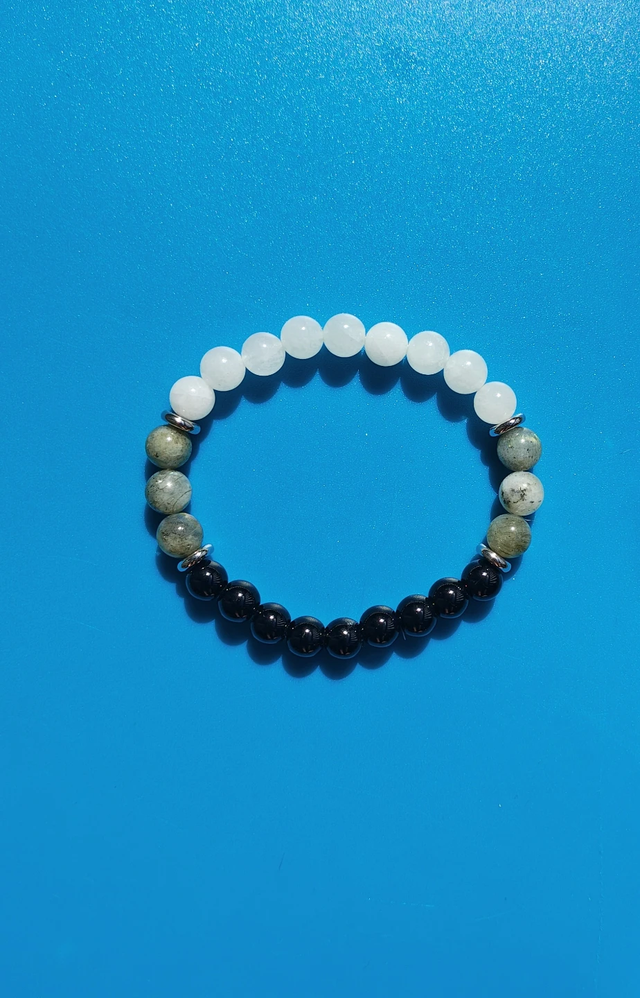 Quartz + Labradorite Beaded Bracelet - W/Black and Silver Tone
