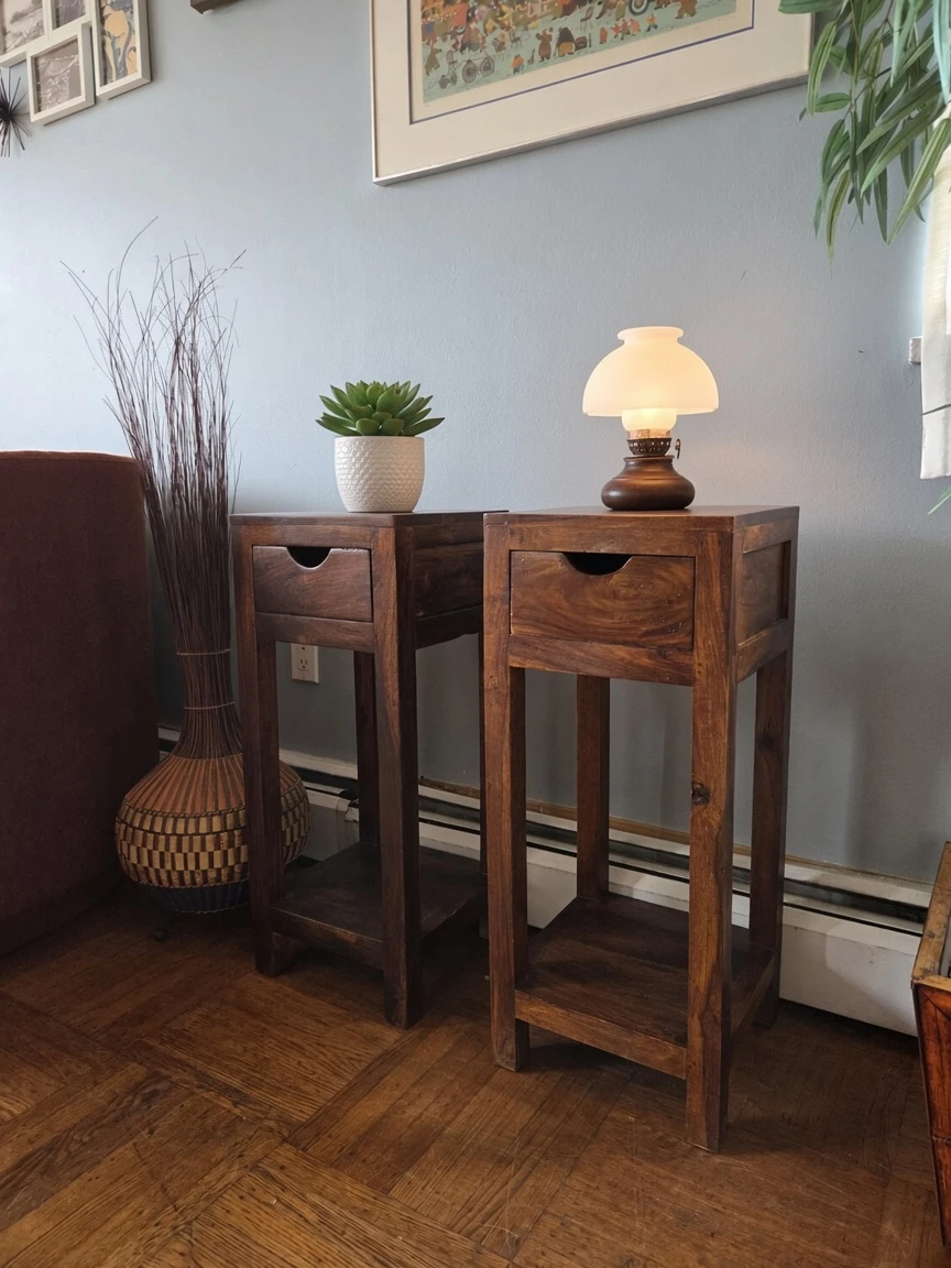 Pair of Rustic Modern Solid Acacia Single Drawer Nightstands