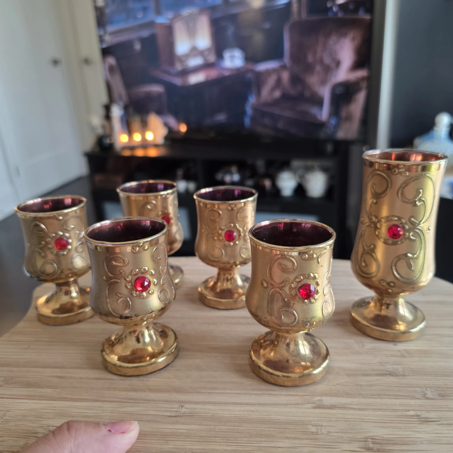 Set of 6 Vintage Gold Goblets with Red Gems