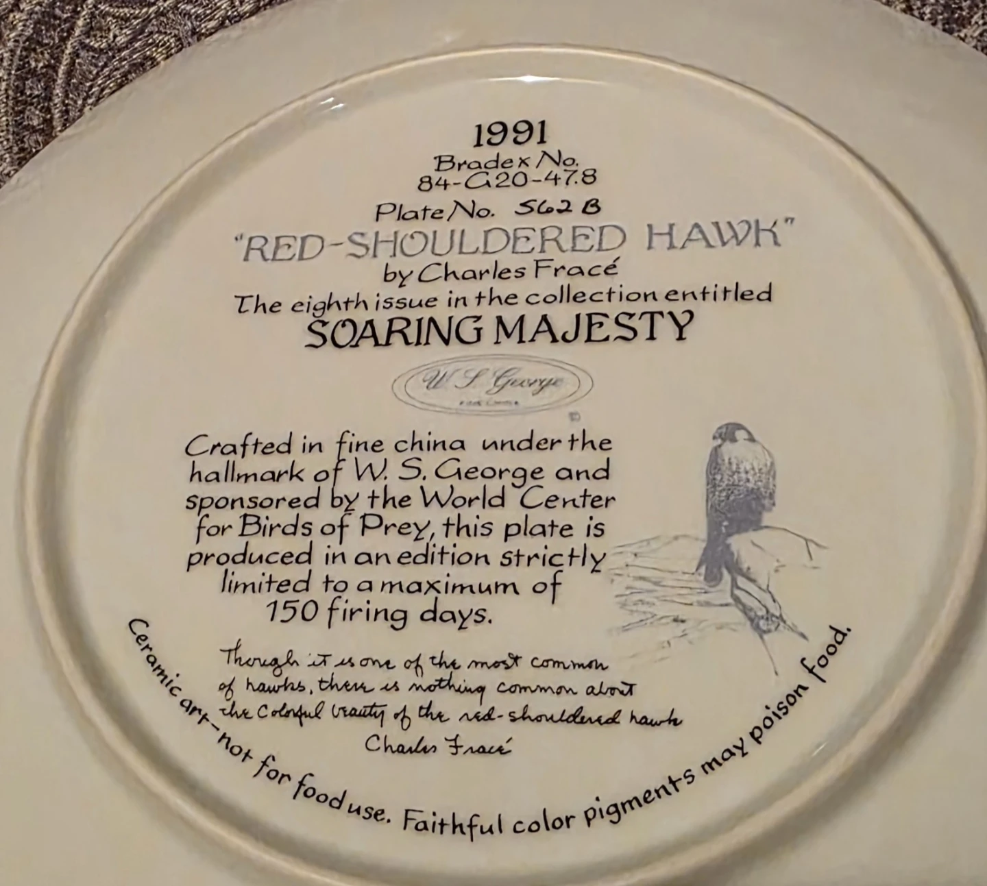 1991 W.S. George "Red-Shouldered Hawk" Collector Plate - photo 2