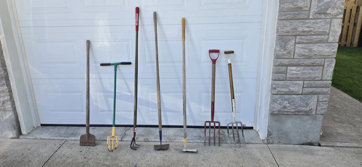 Assorted Axes, Sledgehammers, Rakes, and Forks