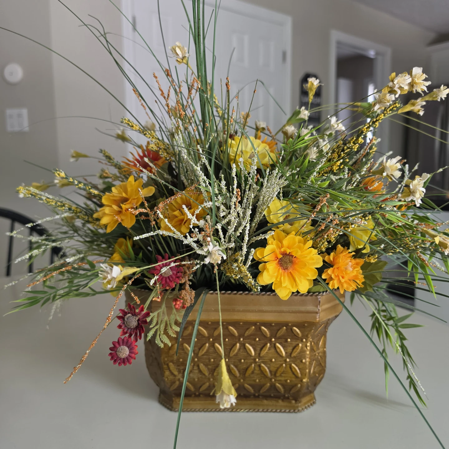 Artificial Floral Arrangement in Gold Vase